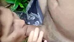 Teasing blowjob on big cock in the forest leads to cum on tits.