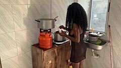 Big cock makes woman squirt while cooking dinner in the kitchen