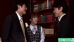 aiko endo in a threesome scenario at the office setting