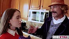 Petite blonde deepthroats in sex factory