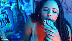 Bratty girl dominates with footjob training, sucking and licking feet, using toys on tits and ass until cum