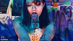 Bratty girl dominates with footjob training, sucking and licking feet, using toys on tits and ass until cum