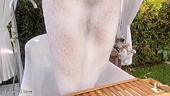 Beautiful skinny spanish student takes homemade bath bent over in public rice field bathroom