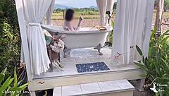 Beautiful skinny spanish student takes homemade bath bent over in public rice field bathroom