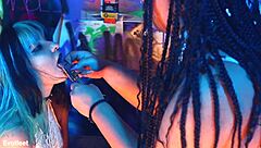 Bratty girl dominates with footjob training, sucking and licking feet, using toys on tits and ass until cum