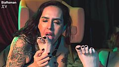 Redhead In Lingerie Gags On Deepthroat And Feet