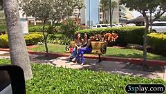 Two brunettes flash big tits outdoors for cash