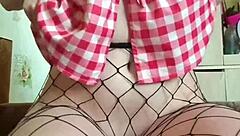 innocent girl explores big dildo in pantyhose