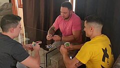 husband invites friends for cards, wife fucks all three