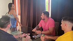 husband invites friends for cards, wife fucks all three