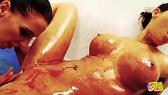 Lesbian Wrestling Turns Into Steamy Sex With Pierced Nipples