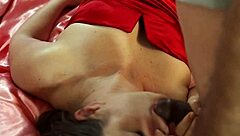 French amateur in striking red satin, passionate ass play