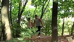 brunette hottie gets massive facial after outdoor anal sex with licking and riding