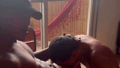 Skinny nerd caught masturbating by beautiful bodybuilder in interracial fetish