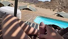 Mature amateur flashes big cock outdoors, leading to orgasm and cumshot in desert