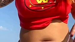 Beach tattoo, guy excited, show pussy!