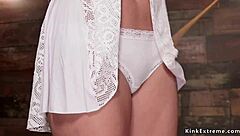 spreaded hanged brunette, like, pussy fingered so hard, ughh!