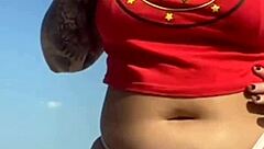 Beach tattoo, guy excited, show pussy!