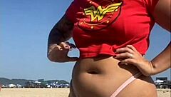 Beach tattoo, guy excited, show pussy!