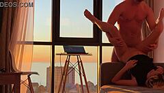 The girl took a jump on the guy's dick at sunset