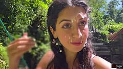 Teen gets cum covered face in public locker room and cumwalk at waterfall.