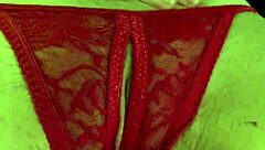 Shaved Pussy in Red Thongs Getting Wet from Fingering and Masturbation