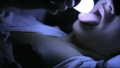 Petite teen 18+ rubs trimmed pussy with light at night.