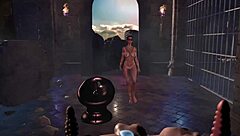 Busty tanned Lara Croft performs nude ritual dance on balcony