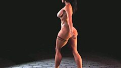 Busty tanned Lara Croft performs nude ritual dance on balcony