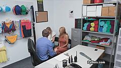 blonde milf and teen spy on security guard for blowjob threesome