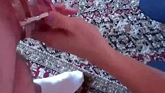 Femdom mistress locks slave's cock for orgasm control in pov