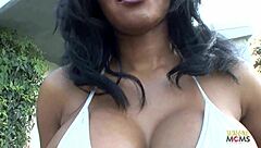 Ebony goddess Jessica Dawn jerks off for titty fuck and cumshot on shaved pussy