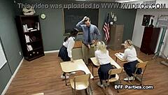 Teacher fucks students in classroom