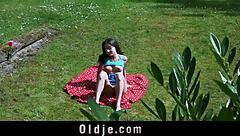 odd older guy smashing little horny teen in her garden!
