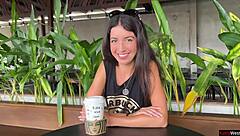 Babe does crazy cumwalk in Starbucks after blowjob in toilet