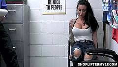 Brunette Shoplifter with Big Tits RIDES BIG COCK in Office Scandal