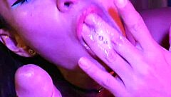Beautiful Petite Brunette Moans During Wet Masturbation and Deep Throat Blowjob in Neon Night POV