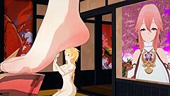 yae miko's tall feet perform a huge footjob on him