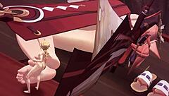 yae miko's tall feet perform a huge footjob on him