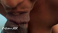 A close up view of a real sister teasing with her mouth in a wet session