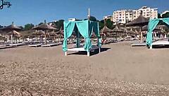 horny babe double squirts pussy while joggers run by on beach larajuicy