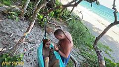 Petite Exotic Couple Rips Clothes For Public Beach Fingering!