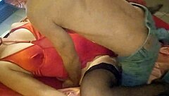 French amateur in red satin doggystyle with leather pants