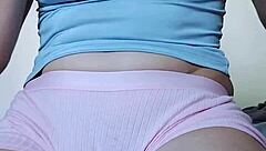 Solo girl fingers her hairy pink pussy until legs shake in orgasm.