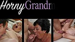The fat grandmother with huge tits sucks cum in her mouth.