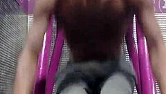 Skinny teacher works out with mature gym buddy