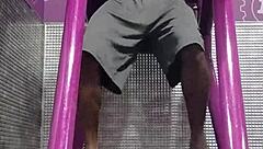 Skinny teacher works out with mature gym buddy