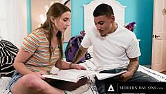 Teen Laney Grey almost caught multiple times during quickie sex with study buddy