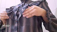 Pinay chubby babe plays with big natural tits during office break