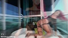 Busty Redhead Public Balcony Tease in Lingerie!